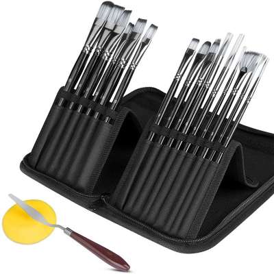 15 PCS Professional Paint Brush Set Acrylic Oil Paint Brushes Set with Ergonomic Wood Handles, Paint Brush Holder and Travel Bag